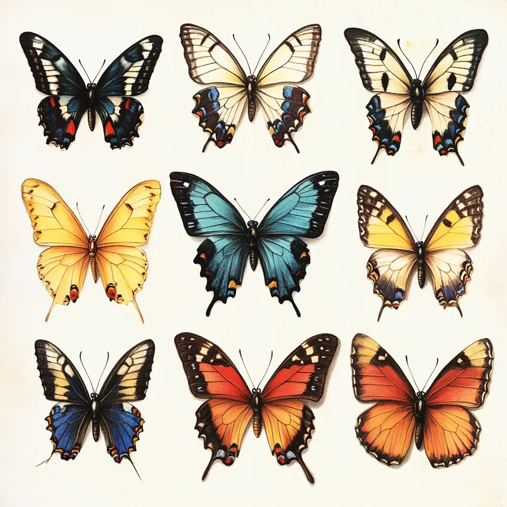 A collection of nine meticulously illustrated butterflies, each showcasing unique wing patterns and colors.  The butterflies are arranged in a grid pattern, with variations in shades of yellow, orange, blue, and black.  The detailed artwork highlights the intricate designs and textures of their wings, presenting a visually appealing display of lepidopteran diversity.