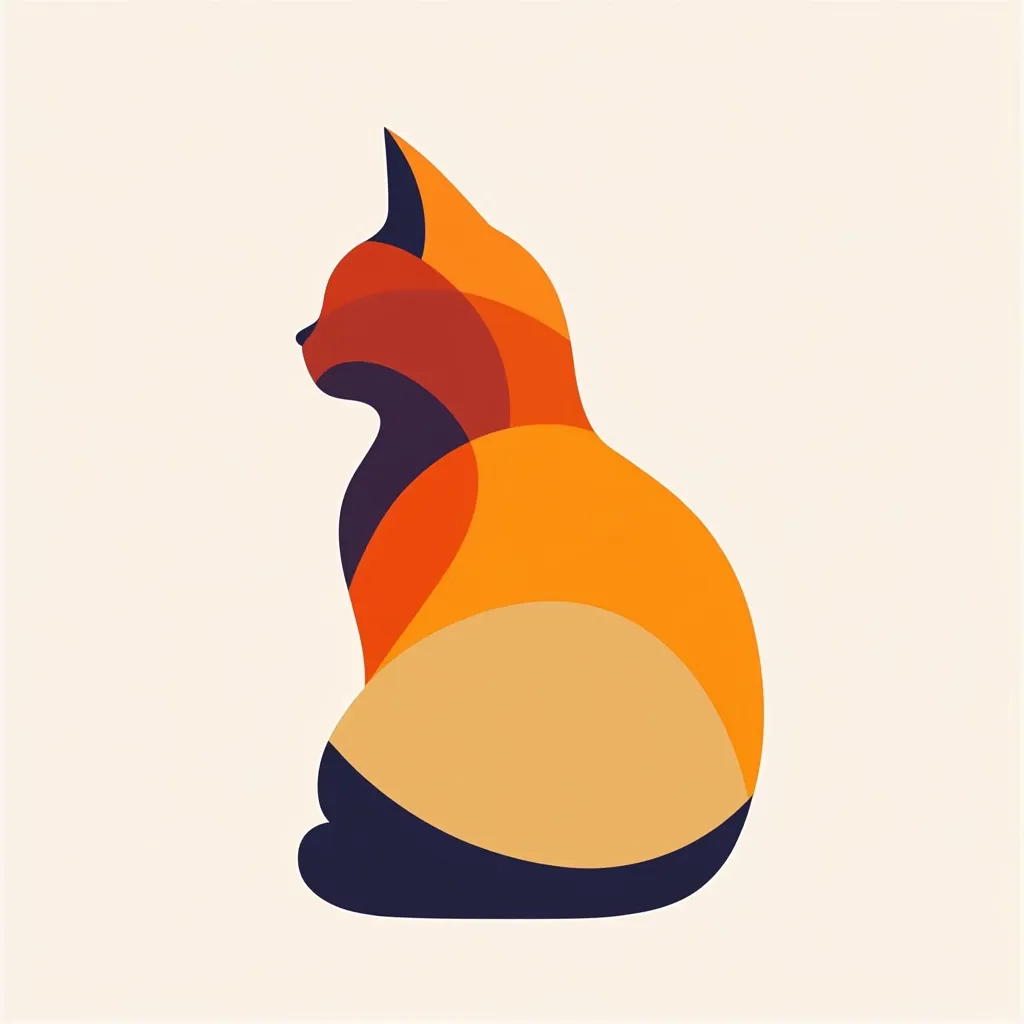 A stylized illustration of a cat, viewed from the side, is presented.  The design uses abstract shapes and a limited color palette of oranges, reds, and dark blue. The cat's form is simplified, focusing on curves and smooth transitions between color blocks, creating a modern and minimalist aesthetic. The overall impression is one of sleekness and elegance.