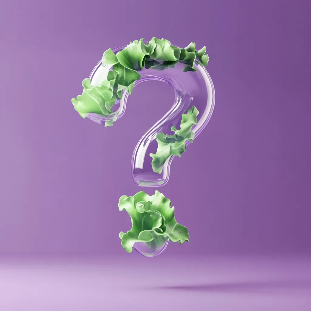 A question mark is formed from a transparent, glass-like material, adorned with vibrant green lettuce leaves. The leaves cling to the surface, creating a visually striking contrast against the clear form.  The question mark floats against a muted purple background, creating an image that is both intriguing and visually appealing.  The overall effect suggests a question about healthy eating or sustainability.