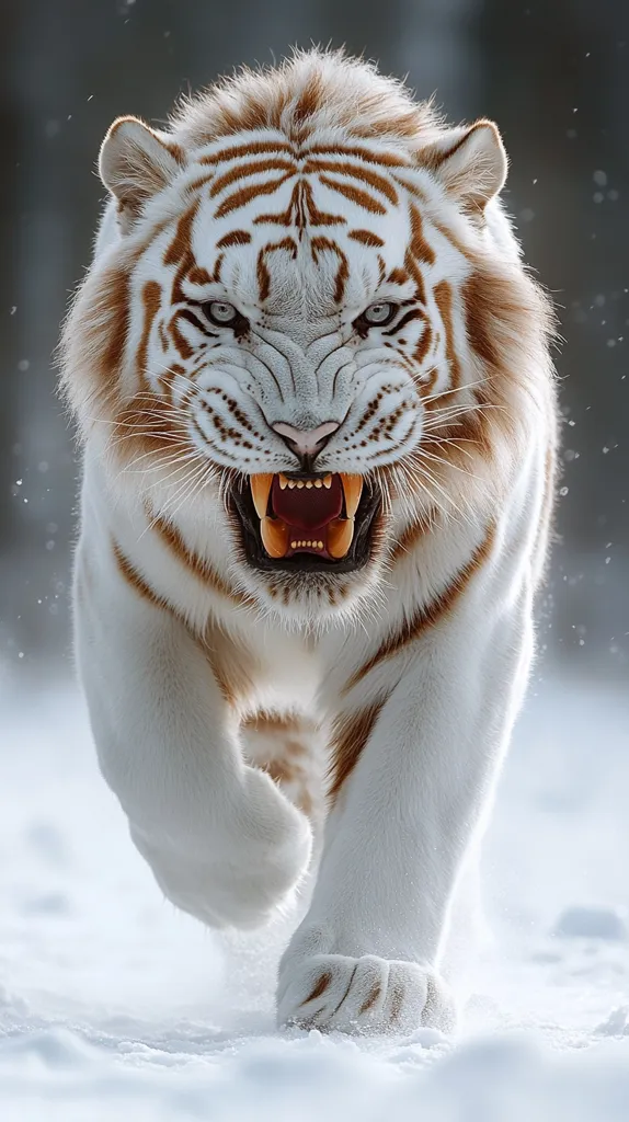A majestic white tiger with distinctive orange stripes strides through a snowy landscape. Its eyes are intense, and its mouth is open in a slight snarl, revealing sharp teeth. The tiger's powerful build and confident gait convey a sense of raw power and wild beauty.  The snow creates a stark contrast against its fur, enhancing its presence.