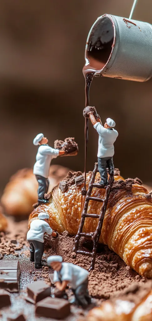 Miniature bakers decorate a giant croissant with melted chocolate.  They use small ladders and carefully pour the chocolate, adding chocolate pieces to the pastry. The scene is set on a bed of cocoa powder, creating a whimsical and delicious tableau.  The image is a clever use of scale and perspective, making the croissant appear monumental.