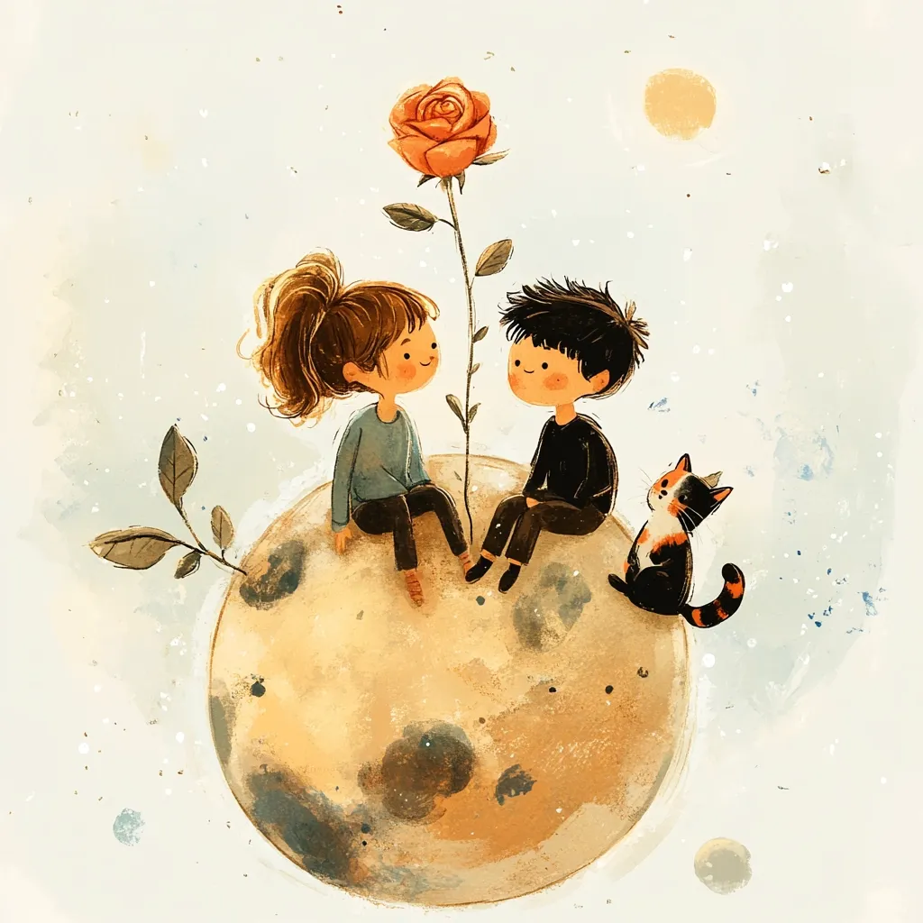 A whimsical illustration depicts a young boy and girl sitting on a planet-like sphere, gazing at a single orange rose growing between them. A small, three-colored cat sits nearby.  The style is soft and dreamy, with watercolor-like textures and pastel colors. The scene evokes a sense of gentle romance and childlike wonder, set against a light, starry background.