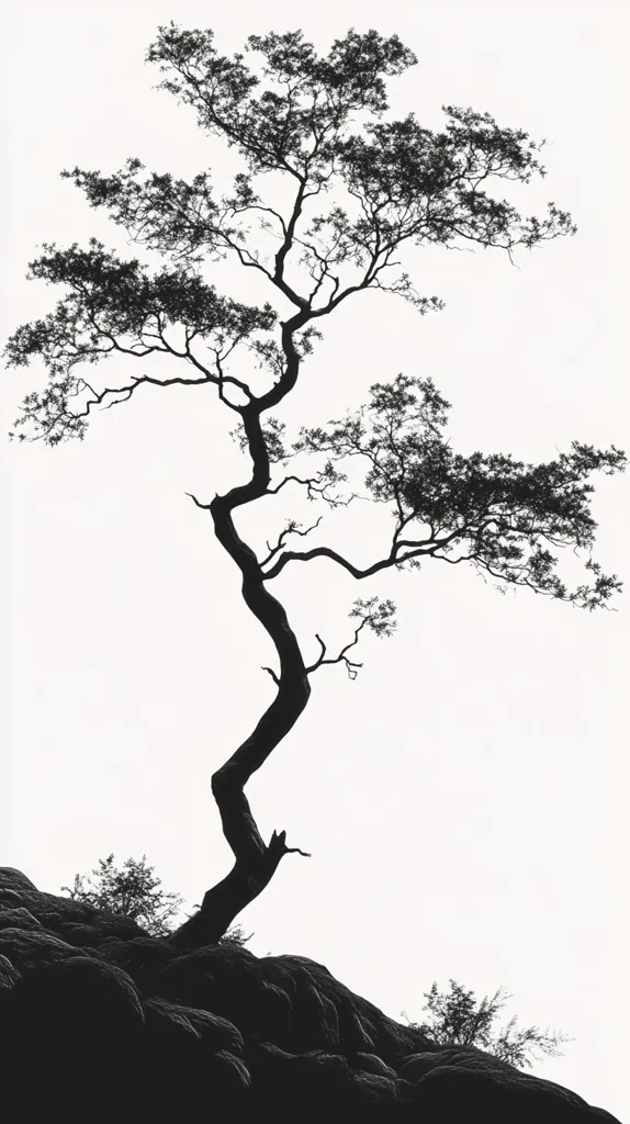A stark black and white image showcases a silhouetted tree perched atop a rocky outcrop. The tree's branches spread widely against a bright, blank sky, its trunk twisting dramatically.  Smaller shrubs are visible at the base of the tree and the rocky terrain. The overall effect is one of stark beauty and minimalist composition.