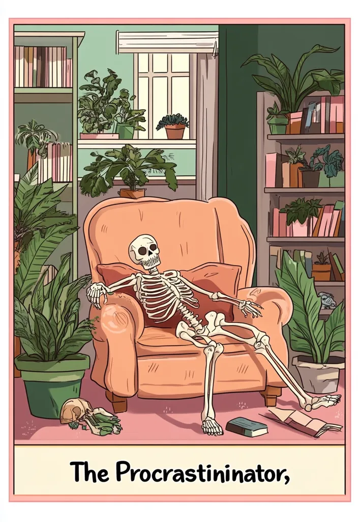 A skeleton lounges in a peach armchair amidst a plant-filled room, showcasing a bookshelf and a window.  The scene is drawn in a cartoonish style with pastel colors. A skull and scattered items are on the floor. The caption reads "The Procrastinator," humorously depicting the skeleton's relaxed state in a potentially productive environment.