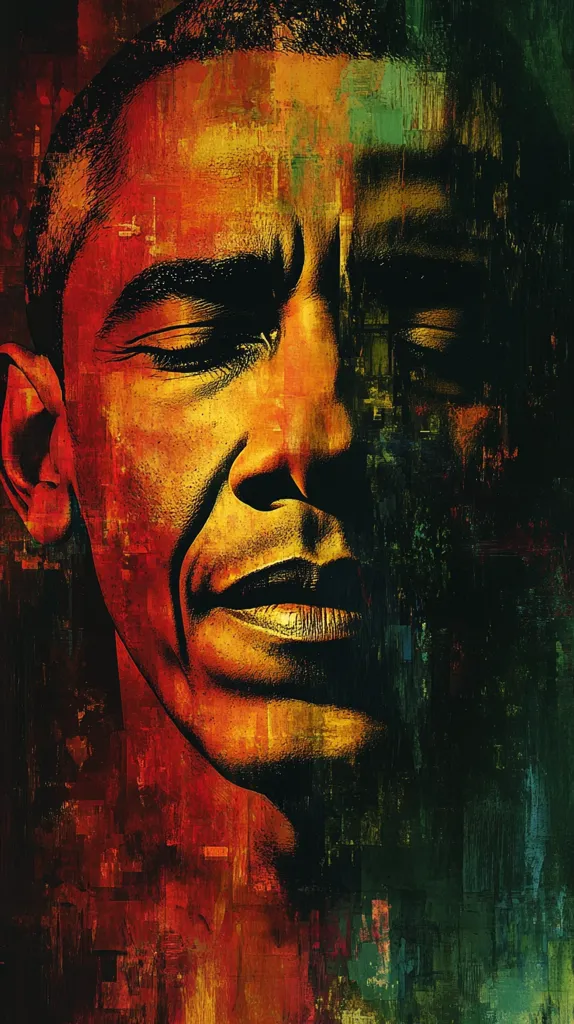 A stylized portrait of Barack Obama, rendered in a vibrant, abstract expressionist style.  Warm reds and oranges dominate the left side of his face, contrasting with cooler greens and blacks on the right.  His eyes are closed, conveying a sense of contemplation or introspection.  The bold brushstrokes and textured background create a powerful and emotionally evocative image.