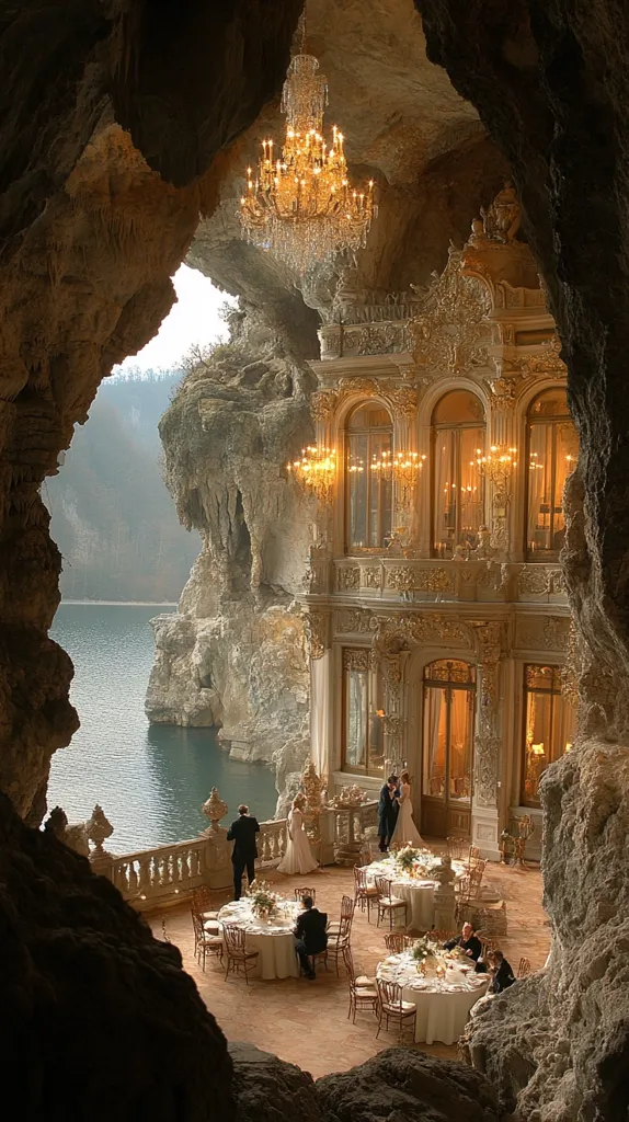 A breathtaking wedding reception unfolds within a stunning, ornate palace nestled inside a dramatic cave overlooking a tranquil lake.  Guests are seated at elegant tables, illuminated by warm lighting and a magnificent chandelier. The architecture blends seamlessly with the natural rock formations, creating a magical, ethereal atmosphere.  The bride and groom stand nearby, their presence adding to the scene's enchantment.