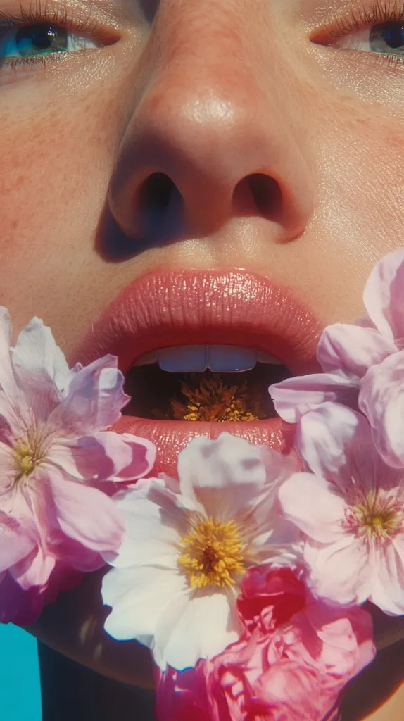 Close-up of a woman's face with pink flowers covering her mouth. Her eyes are slightly open, and her skin has freckles.  The flowers are soft pink and white, creating a vibrant contrast against her skin. The overall image is bright, saturated, and evokes a feeling of summer and beauty.  A single, darker flower center is visible within her open mouth.