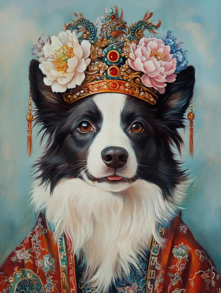 A border collie is depicted in a regal portrait, adorned in an ornate crown of gold and vibrant flowers.  The crown is embellished with dragons and precious stones. The dog wears a richly embroidered, red robe suggesting imperial Chinese attire. The painting's style is reminiscent of classical portraiture, blending realism with fantastical elements.  The overall effect is one of elegance and grandeur.
