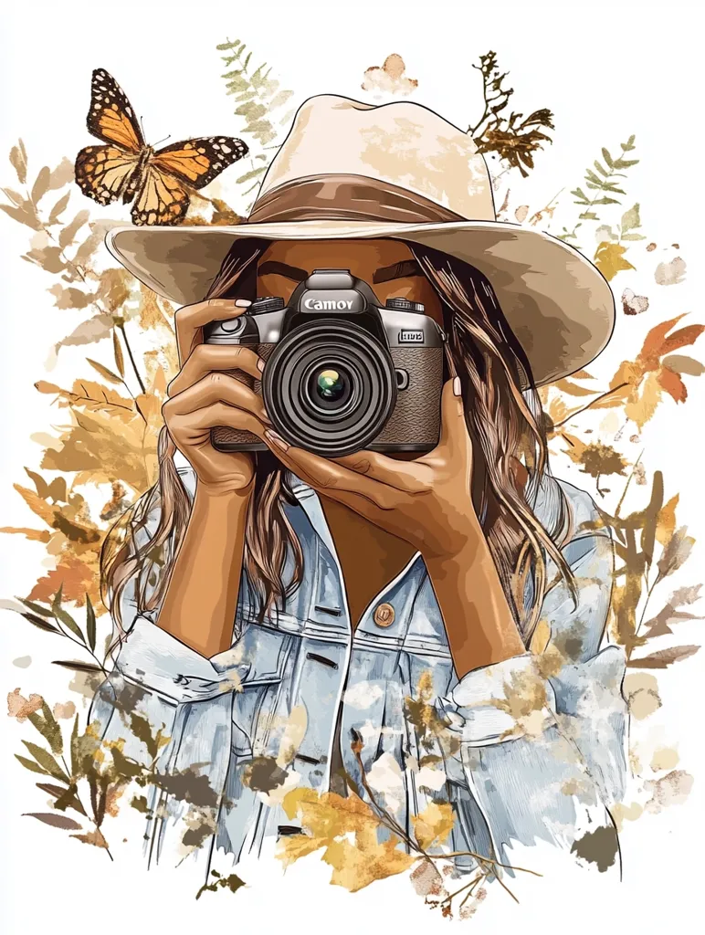 A stylish woman with long brown hair, wearing a beige hat and denim jacket, holds a Canon camera to her face.  She's surrounded by autumnal leaves and branches, with a monarch butterfly perched nearby. The illustration is detailed and vibrant, capturing a sense of fall and artistic passion.  The overall style is modern and sophisticated.