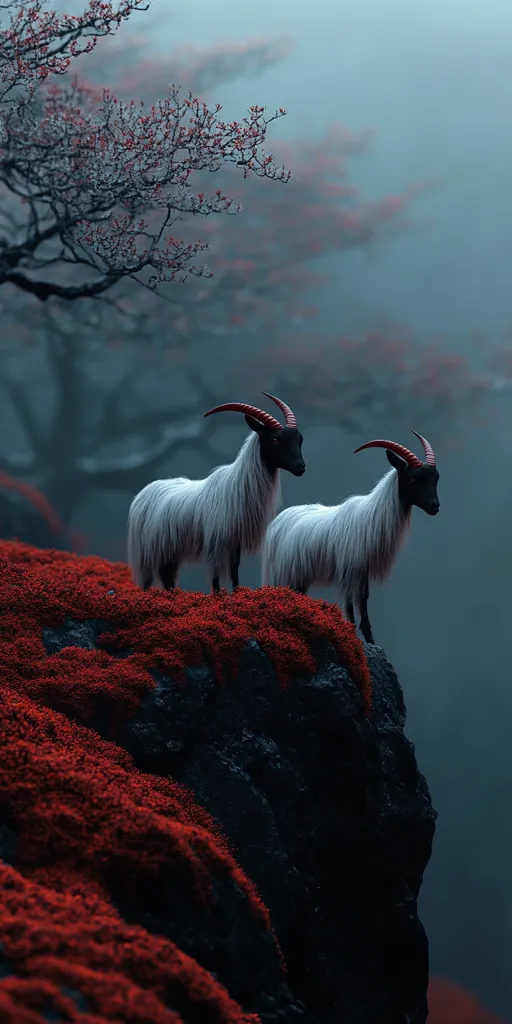 Two long-haired goats with striking red horns stand majestically atop a dark, rocky outcrop.  Vibrant crimson flora carpets the rocks, contrasting with the muted blues and greys of the misty, atmospheric background. A leafless tree with hints of red buds partially obscures the scene, adding to the mysterious and somewhat surreal ambiance.