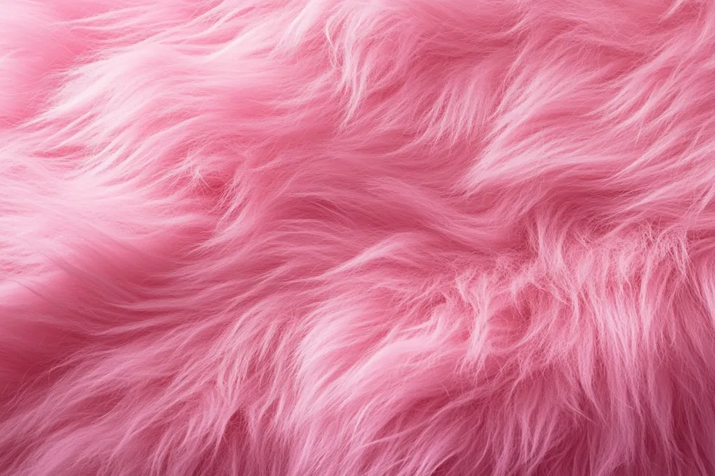 A close-up shot reveals a plush, soft texture of light pink fur.  The strands are long and slightly wavy, creating a flowing, luxurious appearance. The color is consistent throughout, with subtle variations in shading due to the fur's depth and the way the light catches it. The overall impression is one of softness and gentle movement.
