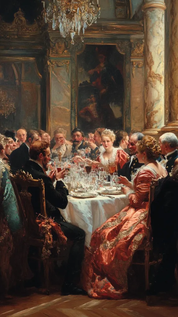 A lavishly dressed group of people are gathered around a richly set table in an opulent dining room, enjoying a formal dinner party.  Crystal glassware and fine china adorn the table.  The room is elegantly decorated with ornate details, including a large painting and a sparkling chandelier.  The attendees are mostly men in dark suits and women in elaborate gowns, suggesting a high-society event.  The scene is painted with rich detail and warm lighting, capturing the atmosphere of a grand celebration.