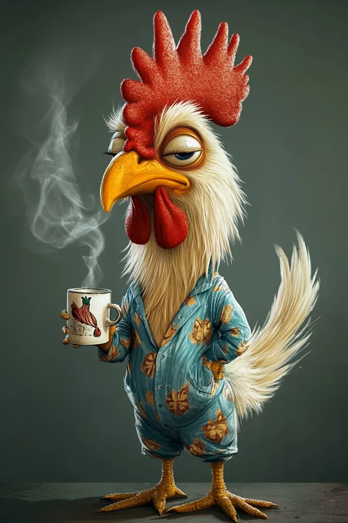 A rooster, anthropomorphized and wearing teal pajamas, stands with a mug of steaming coffee in one hand.  His expression is one of sleepy contentment.  The rooster's plumage is detailed, and the overall style is humorous and whimsical, likely a digital painting or illustration. The background is a muted green-gray.