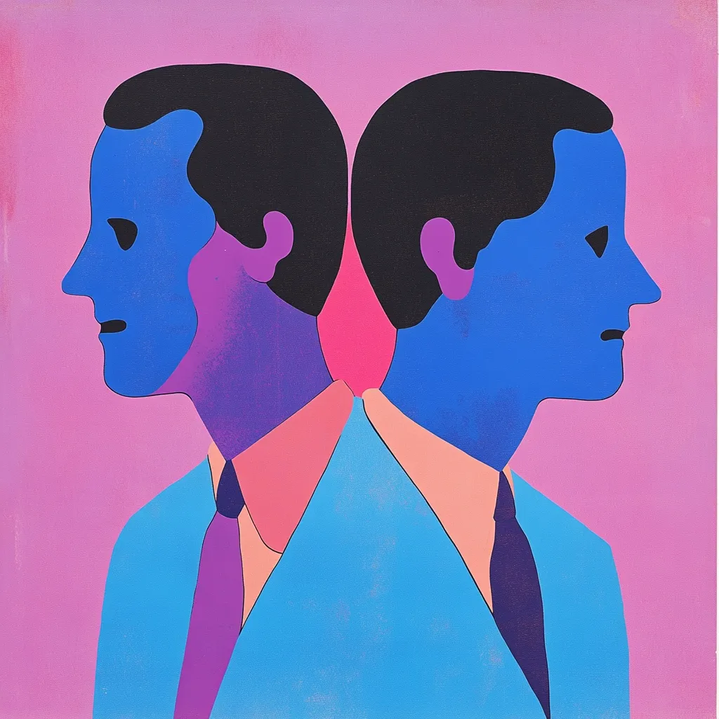 A stylized illustration depicts two men in profile, their backs touching, creating a mirrored image.  They are rendered in bold, flat colors of blue, purple, and pink against a light pink background.  The men wear light blue suits with purple ties, their faces masked in a similar shade of blue. The composition suggests a duality or interconnectedness.