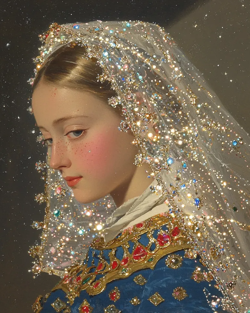 A young woman, possibly a princess or noblewoman, is depicted in a portrait. She wears a shimmering, embellished veil that cascades around her, adorned with gold and gemstones.  Her attire includes a rich blue robe with a lavish gold and jeweled collar.  The overall effect is one of ethereal beauty and opulent luxury, reminiscent of a fairytale or classical painting.  The background is dark, emphasizing the radiant glow of the woman and her attire.