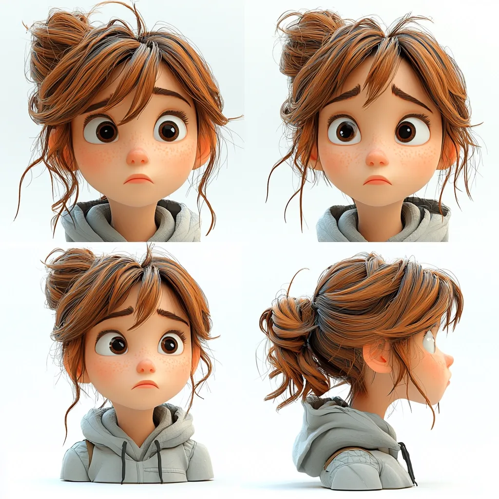 Four different views of a 3D-rendered girl with reddish-brown hair styled in loose buns or a low ponytail.  She has large expressive eyes, freckles, and a slightly sad expression. She wears a grey hooded top. The images showcase her from the front, slightly angled, and a profile view, highlighting her character design and hairstyle variations.