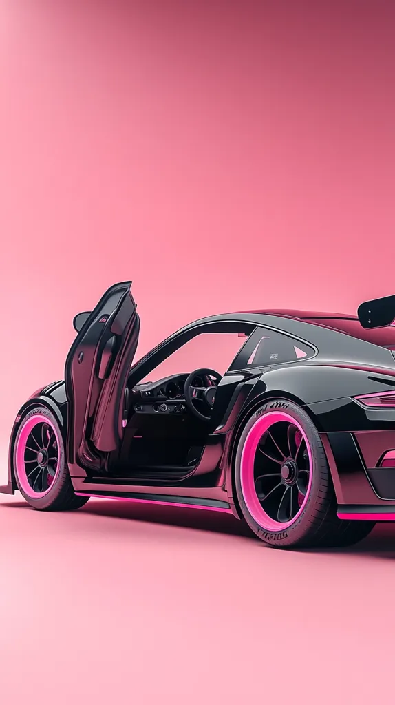 A black sports car with pink rims is showcased against a solid pink background.  One door is open, revealing the interior. The car's sleek design and vibrant color contrast create a striking visual. The image is sharply focused, emphasizing the car's details and the smooth, even lighting. The scene suggests a stylish and modern aesthetic.