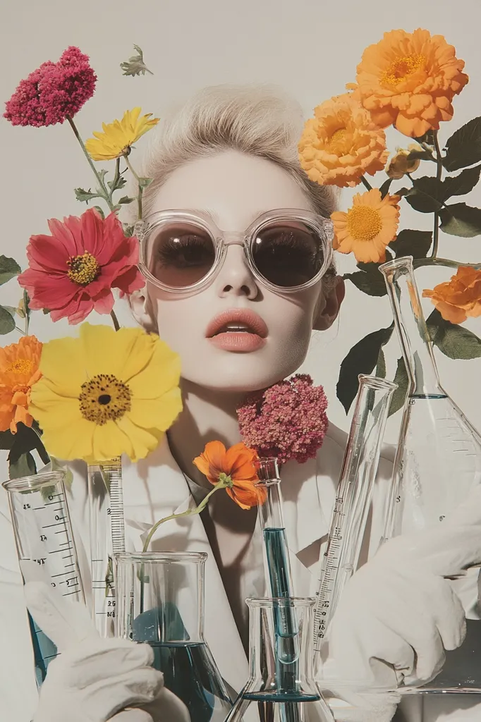 A blonde woman wearing large, round, clear sunglasses is surrounded by colorful flowers and laboratory glassware.  She's dressed in a white lab coat and white gloves, holding various beakers and test tubes containing blue liquids. The overall aesthetic is vintage and stylized, blending botanical elements with scientific imagery.  The image has a soft, dreamlike quality.