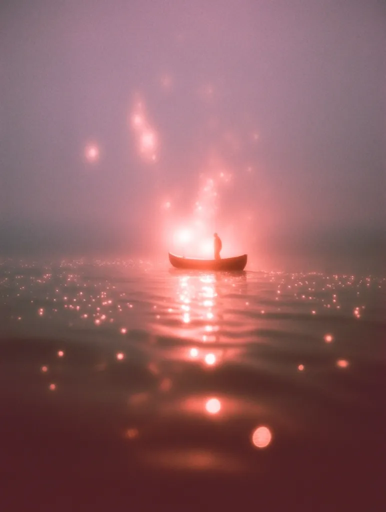 A lone figure stands in a small boat on a calm, misty lake at dawn or dusk.  The water reflects a soft, warm light, creating a magical, ethereal atmosphere.  Sparkling particles float in the air and on the water's surface, adding to the dreamlike quality of the scene.  The overall tone is peaceful and serene.