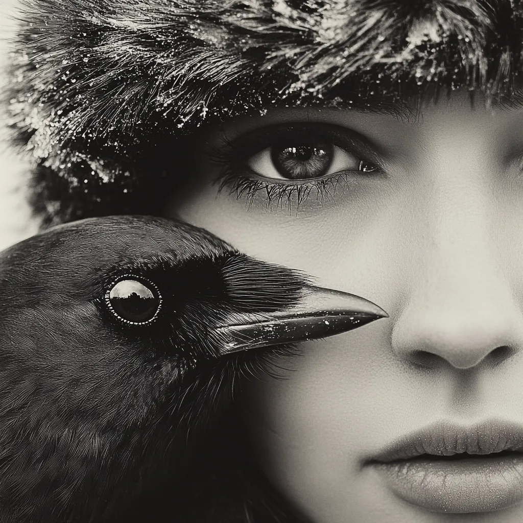 A captivating monochrome close-up portrays a woman's face partially obscured by a raven.  She wears a fur hat, dusted with snow, adding to the wintry atmosphere.  The contrast between the soft skin and the bird's dark feathers creates a striking visual juxtaposition. The image evokes a sense of mystery and perhaps a connection between the human and the natural world.