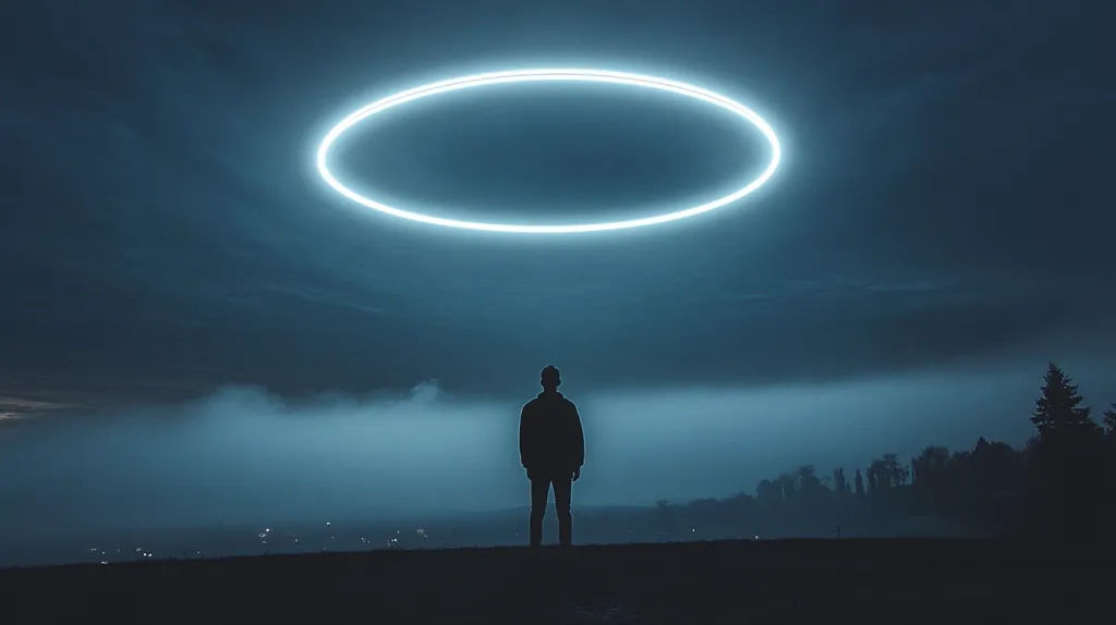 A solitary figure stands silhouetted against a misty landscape under a dark, brooding sky.  Above them, a large, luminous ring of light floats, creating a surreal and ethereal atmosphere. The scene evokes a sense of mystery and wonder, the man appearing small and insignificant beneath the vast, glowing circle.  The overall tone is dark, moody, and slightly otherworldly.