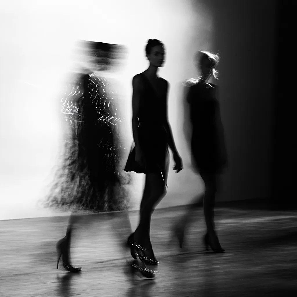 Three women in dark dresses walk in a blurred motion, captured in a black and white photograph.  The image suggests a fashion show or runway setting, with the models' movement creating a sense of speed and elegance.  The lighting is dramatic, highlighting the figures against a lighter background.  The overall mood is stylish and somewhat mysterious.