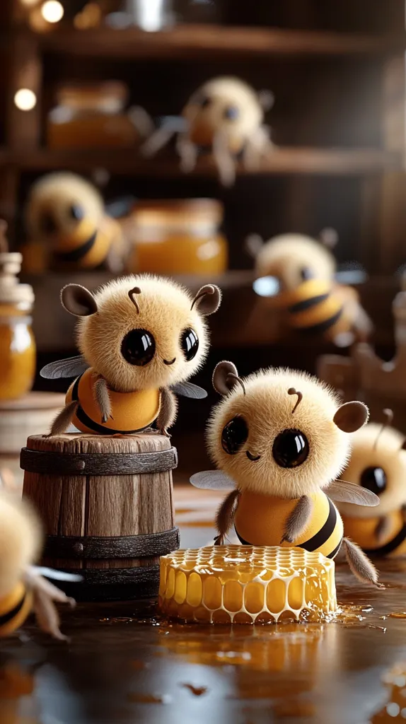 Two adorable, fluffy cartoon bees with large eyes sit near a honeycomb and a small wooden barrel.  Other fuzzy bees are blurred in the background, suggesting a hive or honey-making setting. The scene is warm and inviting, with a focus on the charming details of the bee characters and the golden honey.  The overall style is cute and whimsical.