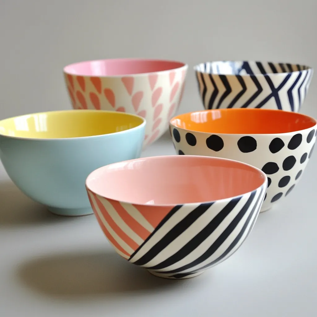 Five uniquely designed bowls are arranged on a gray surface.  Each bowl features a different vibrant color and bold geometric or abstract pattern.  The patterns include pink teardrops, black and white zigzags, orange polka dots, and black and white stripes with a coral accent. The bowls vary slightly in size and shape, creating a playful yet coordinated set.