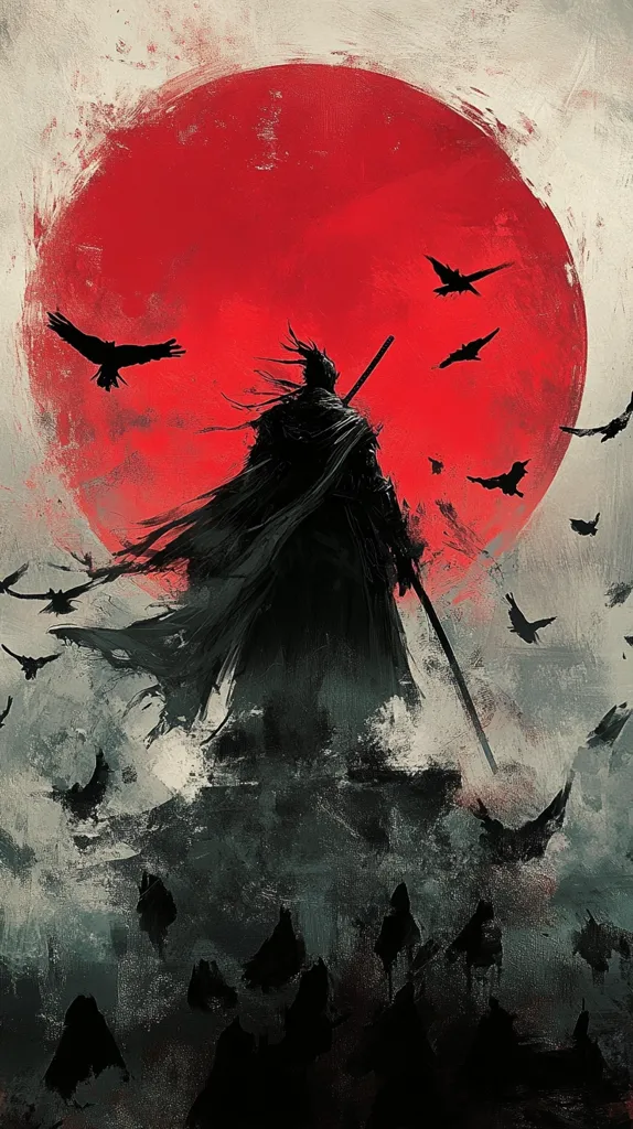 A lone, silhouetted samurai stands against a large, vibrant red sun.  He holds a long staff or spear, his cloak billowing slightly.  Numerous black birds, possibly crows, fly around him and the sun, creating a dramatic and atmospheric scene. The artwork is painted with a textured, almost impressionistic style, using dark and muted colors that contrast with the bright red of the sun.  The overall mood is somber and evocative.