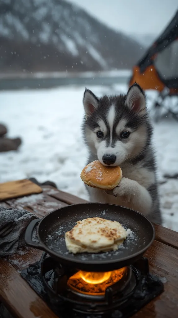 An adorable Siberian Husky puppy sits at a snowy campsite, delicately holding a pastry.  A small, portable stove cooks a flatbread in a cast iron skillet nearby.  The background shows a blurry, picturesque winter landscape with a tent, suggesting a wilderness adventure.  The overall scene is charming and evokes a sense of cozy outdoor living.