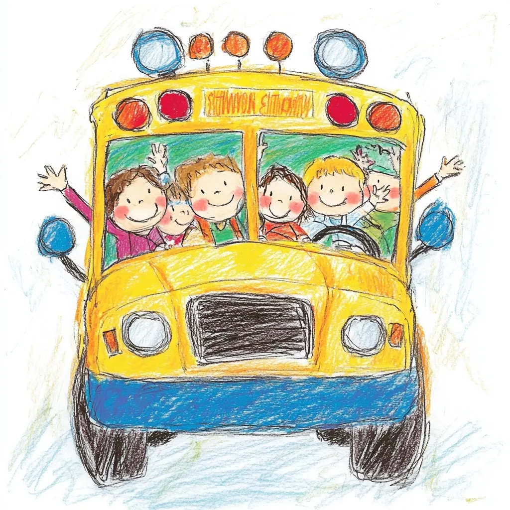 A cheerful crayon drawing depicts a yellow school bus brimming with happy children.  Smiling faces peek from the windows, arms waving excitedly. The bus is detailed with simple lines and bright colors, conveying a sense of playful energy and the joy of the school ride.  The overall style is childlike and whimsical.