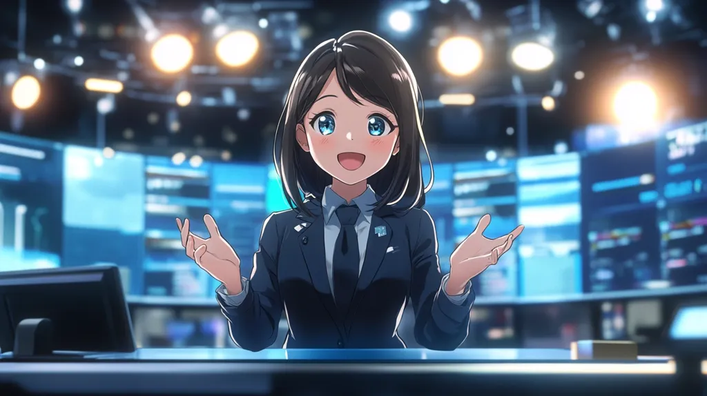 An anime-style female news anchor with bright blue eyes and a cheerful expression sits at a news desk.  She's wearing a dark suit and tie, gesturing with open hands as if presenting information.  The background features a large, glowing screen displaying data and information, typical of a modern news studio. The overall style is clean and vibrant.