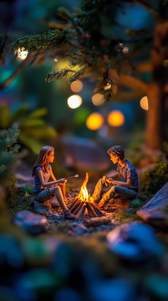 A miniature scene depicts a romantic couple enjoying a campfire under a tree at night.  The figures, a young man and woman, sit close to the crackling flames, roasting marshmallows.  Soft, warm light from bokeh-blurred background lights enhances the intimate ambiance of the enchanting miniature setting. The overall mood is peaceful and serene.