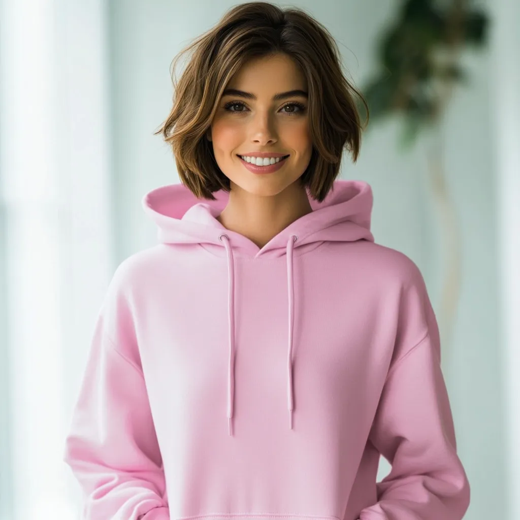 A young woman with shoulder-length brown hair smiles confidently. She's wearing a light pink hoodie, her hands casually in the pockets. The backdrop is a softly lit, blurred interior space.  Her expression is friendly and approachable, creating a pleasant and casual overall image.