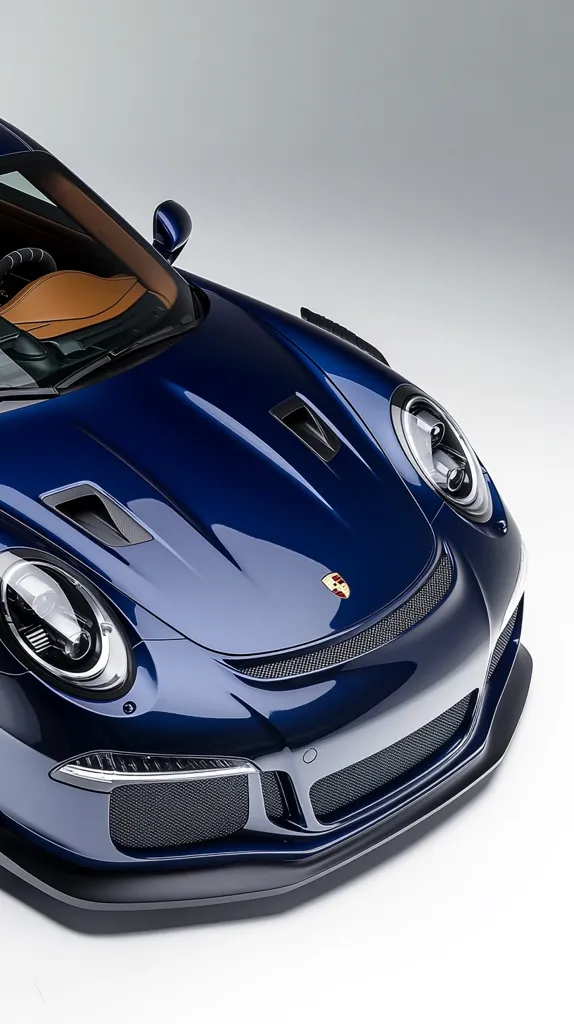 A close-up shot showcases the front end of a deep blue Porsche 911 GT3 RS.  The glossy paint reflects light, highlighting the car's aerodynamic design features, including prominent air intakes and a sculpted front bumper.  The Porsche crest is visible on the hood.  The interior's tan leather is subtly visible through the windshield. The overall image emphasizes the car's sleek and powerful aesthetic.