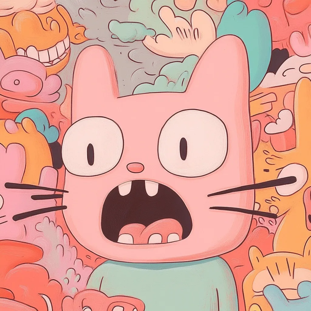 A pink cartoon cat with wide eyes and an open mouth dominates the center of a vibrant illustration.  Surrounding the cat are numerous other whimsical, cartoonish characters and shapes in various pastel colors. The style is playful and slightly chaotic, creating a busy yet appealing visual. The overall impression is one of fun and childlike energy.