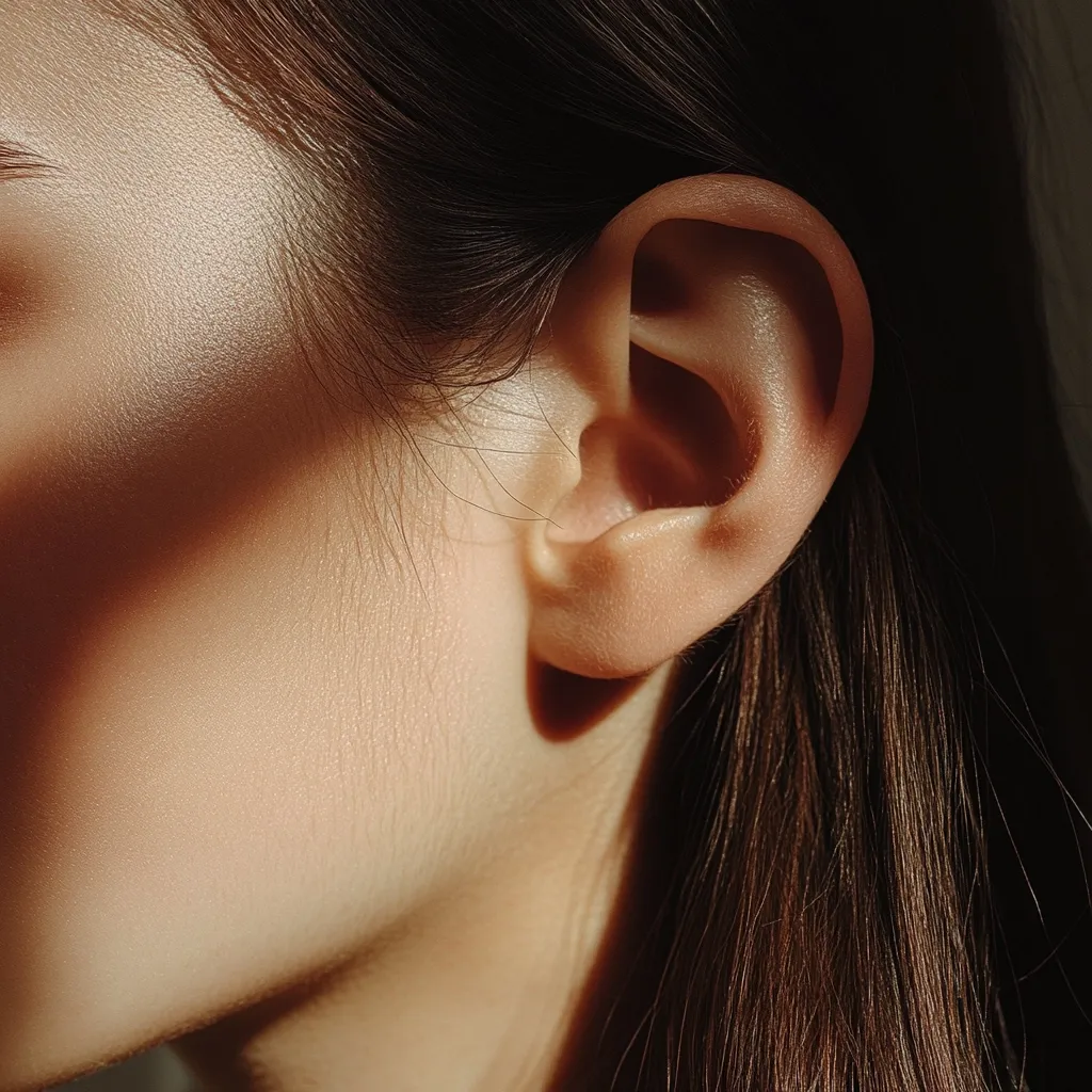 Close-up view of a woman's ear and jawline.  Sunlight casts shadows on her skin, highlighting its texture.  Her dark brown hair falls alongside her ear. The image focuses on the delicate details of skin and the natural form of the ear.  The overall tone is warm and subtly sensual.