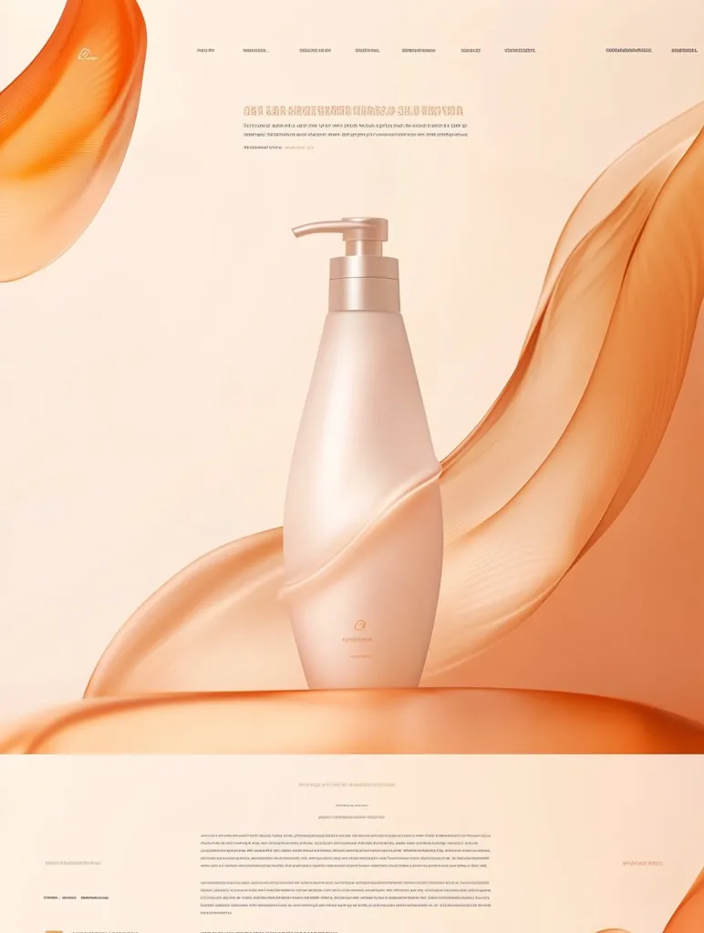 A product advertisement showcases a pump bottle of lotion resting on a sculpted, flowing, peach-colored fabric. The bottle is pearly white with a minimalist design, suggesting a luxurious and high-quality product. The background features a website layout with text in a muted tone, maintaining a sophisticated and clean aesthetic.  The overall image promotes a sense of elegance and calm.