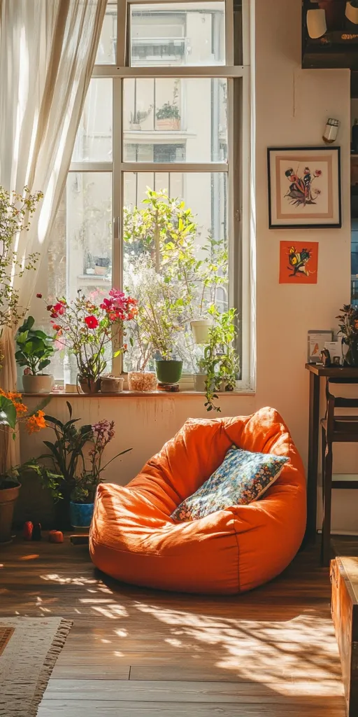 Sunlit room with a large window draped in sheer curtains.  A vibrant orange beanbag chair sits in the warm light, adorned with a patterned pillow.  The windowsill displays various potted plants and flowers, adding to the cozy, plant-filled atmosphere.  Artwork hangs on the walls, complementing the room's relaxed and inviting ambiance.  The wooden floor reflects the sunlight.