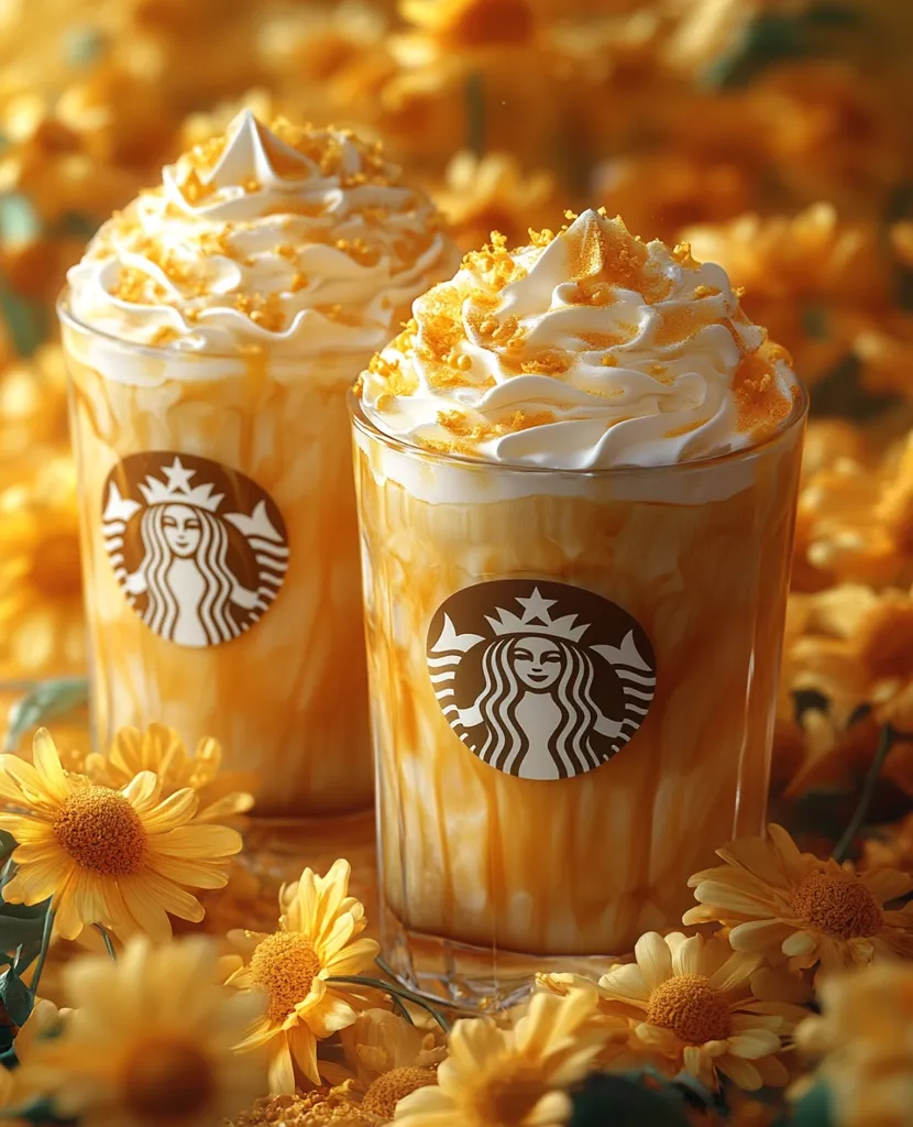 Two Starbucks drinks, topped with whipped cream and caramel crumble, sit amidst yellow daisies.  The drinks are a light brown color and feature the Starbucks logo prominently on each glass. The overall aesthetic is warm, autumnal, and inviting, suggesting a seasonal beverage. The image is brightly lit and professionally styled.