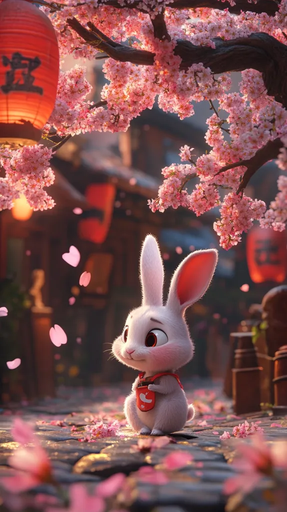 A cute, fluffy rabbit sits on a cobblestone street, holding a small red pouch.  Pink cherry blossoms fall around it, creating a whimsical scene under a blossoming cherry tree.  Traditional red lanterns hang in the background, suggesting a Japanese or East Asian setting.  The overall mood is serene and charming, with soft lighting enhancing the adorable character and beautiful flowers.