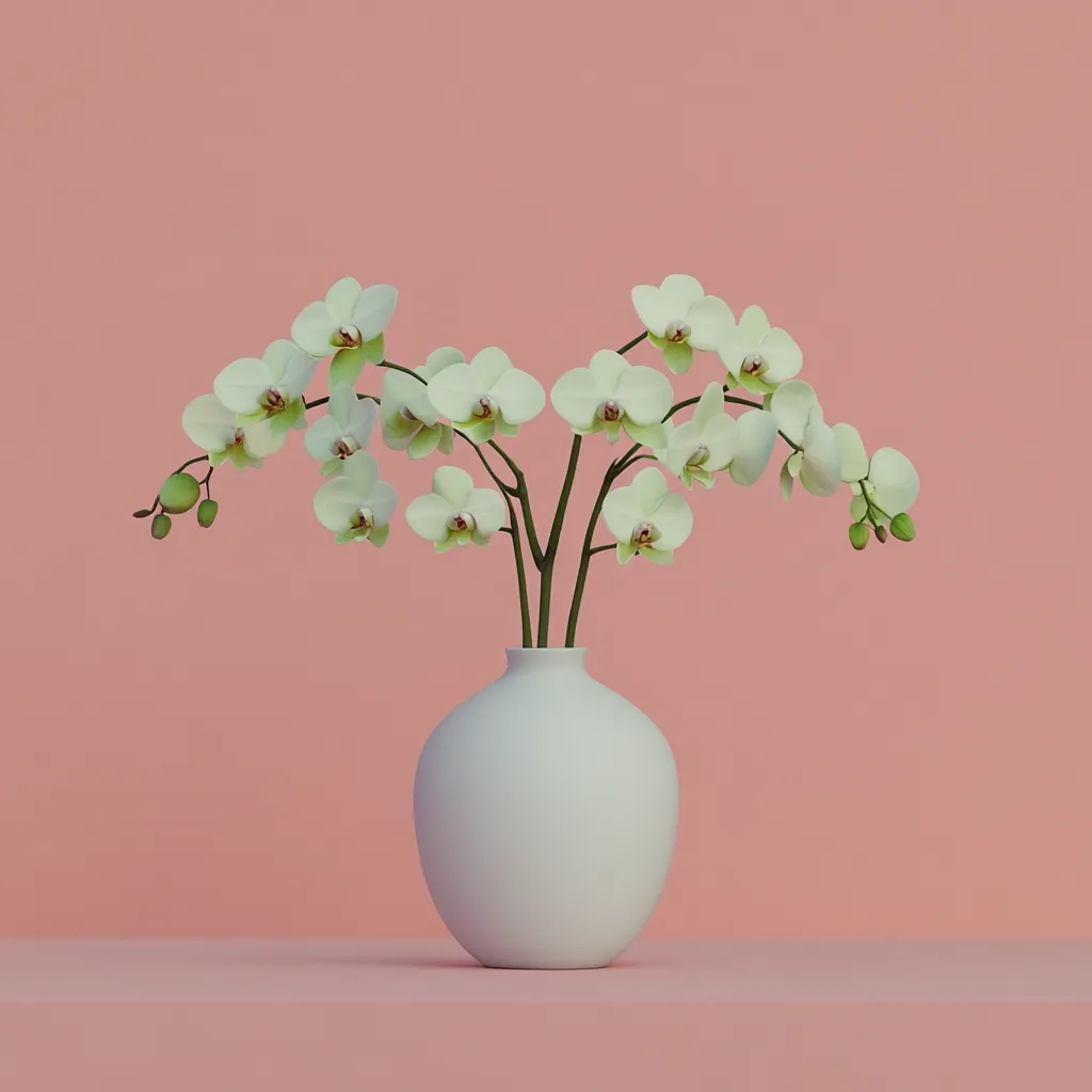 A pale pink background features a simple, elegant scene. A white, round vase holds a sprig of pale yellow orchids.  The flowers are delicately arranged, their soft color contrasting beautifully against the muted pink. The overall aesthetic is minimalist and serene.