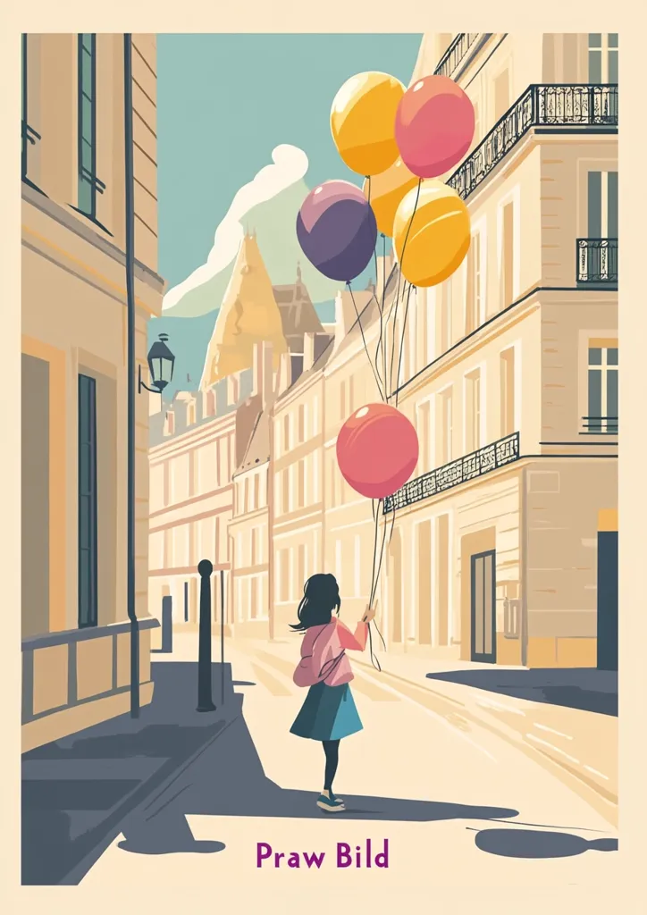 A girl with dark hair, wearing a pink jacket and teal skirt, walks down a Parisian street, holding a bunch of colorful balloons.  The buildings are tall and elegant, rendered in a vintage style.  The scene is peaceful and evokes a sense of lightheartedness and carefree adventure. The overall aesthetic is reminiscent of vintage travel posters.