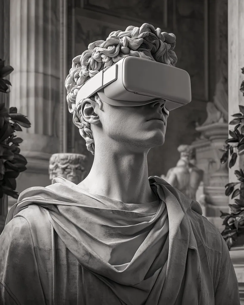 A black and white image depicts a classical marble bust wearing a modern virtual reality headset.  The contrast highlights the juxtaposition of ancient art and cutting-edge technology. The bust, possibly inspired by Hellenistic sculpture, is draped in fabric, creating a serene yet technologically advanced scene. The background suggests a grand, possibly Roman, architectural setting.