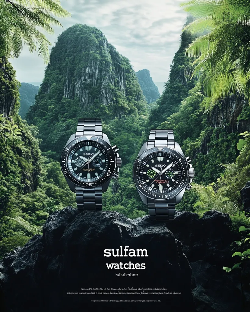 Two sleek, black Seiko watches are displayed on a dark rock, set against a backdrop of lush green mountains and tropical foliage. The watches, with their intricate details and metallic bands, command attention. The brand name "sulfam watches" is prominently featured below, along with the phrase "hallhall column." The overall aesthetic evokes a sense of adventure and exploration.