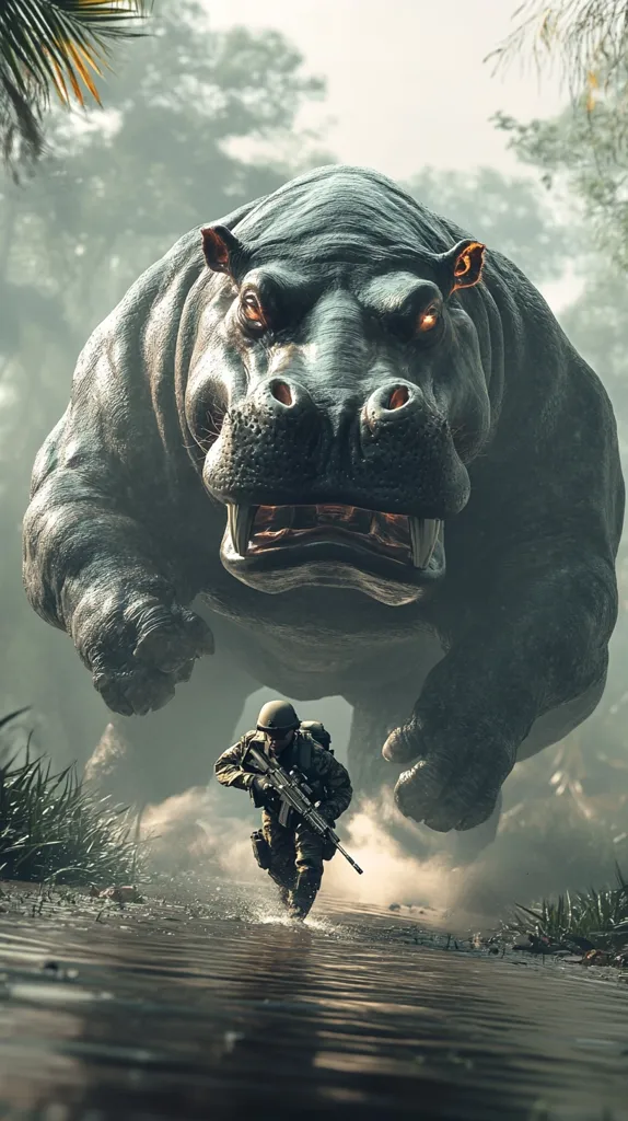 A colossal, menacing hippopotamus dominates the foreground, its massive form looming over a lone soldier wading through murky water.  The soldier, armed with a rifle, appears dwarfed and vulnerable against the backdrop of a misty jungle.  The hippo's aggressive stance and intense gaze create a palpable sense of danger and impending confrontation. The scene is rendered with dramatic lighting and detail, enhancing the epic scale of the encounter.