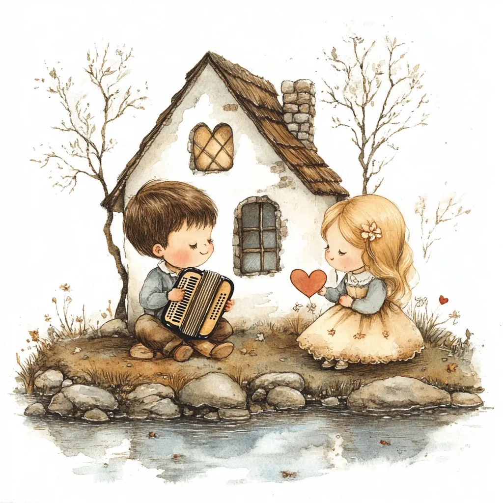 A charming watercolor illustration depicts a boy playing an accordion and a girl holding a heart near a quaint cottage by a stream.  The children are dressed in adorable vintage-style clothing.  Bare, leafless trees frame the scene, creating a peaceful, romantic atmosphere.  Small hearts scatter the ground, adding to the sweet, sentimental mood.