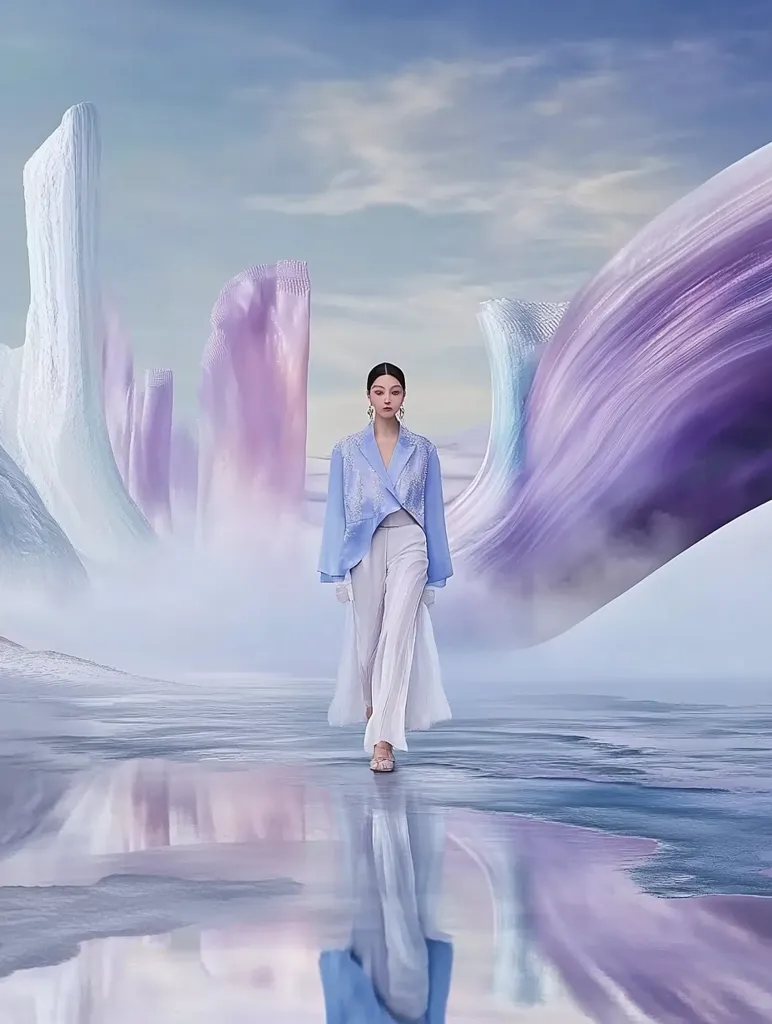 A fashion model walks across a serene, reflective surface.  She wears a light blue, embellished jacket and flowing white trousers.  The background features large, abstract sculptures resembling soft, pastel-colored waves or fabrics, creating an ethereal and dreamlike atmosphere.  The overall mood is calm and elegant.