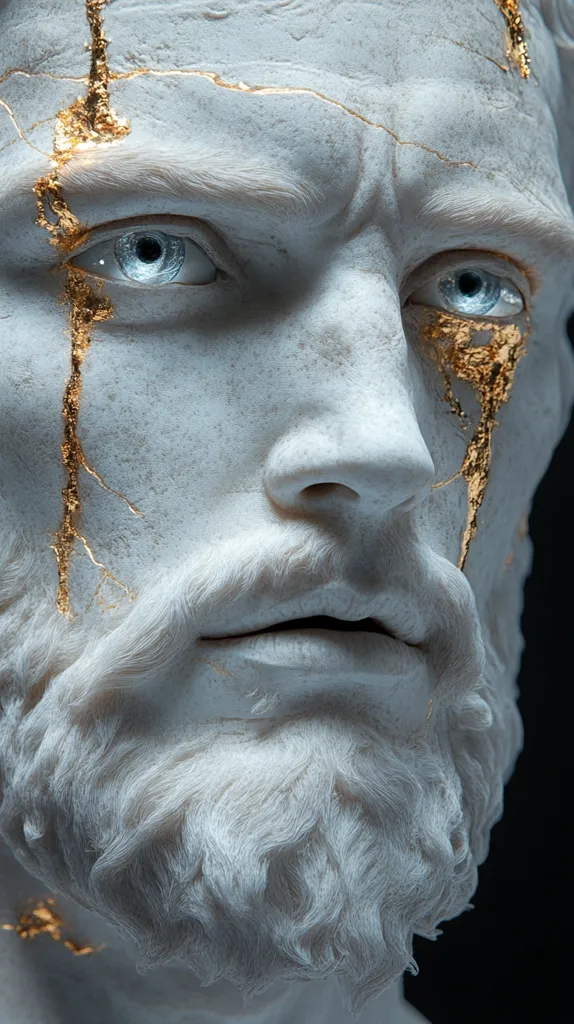 A close-up of a digitally rendered sculpture depicting a man's face.  The style is reminiscent of classical statuary, but with cracks filled with gold leaf, adding a surreal, almost melancholic quality.  His expression is somber, his gaze direct, and his beard is meticulously detailed. The pale stone contrasts sharply with the vibrant gold accents, creating a striking visual effect.