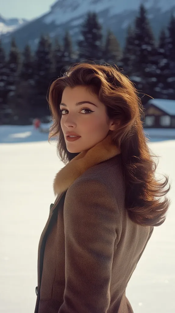 A woman with long brown hair, styled in soft waves, looks over her shoulder. She's wearing a brown coat with a light brown fur collar.  The backdrop is a snowy landscape with a coniferous forest and mountains in the distance. The overall mood is serene and stylish, evoking a sense of winter elegance.